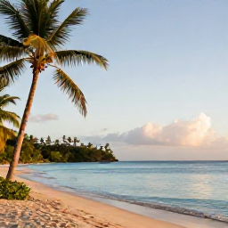 Caribbean Holidays, Dominica Luxury Holidays, Peaceful luxury Caribbean beach in Dominica with palm trees, calm turquoise water and soft golden light