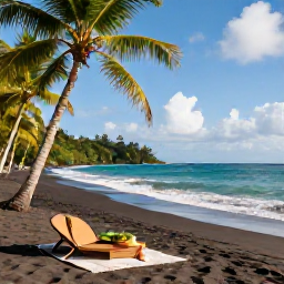 Caribbean Holidays, Dominica Luxury Holidays, Quiet black sand beach in Dominica with turquoise Caribbean sea, palm trees and a luxury picnic setup in October sunshine