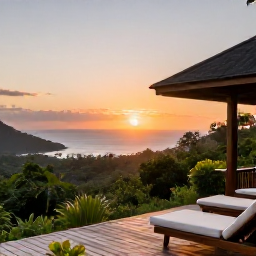 Caribbean Holidays, Dominica Luxury Holidays, Quiet luxury villa terrace in Dominica at sunset, overlooking rainforest and the Caribbean Sea