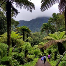 Caribbean Holidays, Dominica Luxury Holidays, Rainforest trail in Dominica during October, with tall green trees, ferns, misty mountains and a couple hiking through the landscape