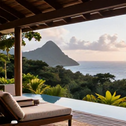 Caribbean Holidays, Dominica Luxury Holidays, Stylish luxury suite with private terrace overlooking Dominica's rainforest and Caribbean coastline, soft morning light
