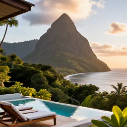 Caribbean Holidays, Dominica Luxury Holidays, Stylish luxury villa terrace overlooking Dominica&rsquo;s rainforest and Caribbean coastline at golden hour