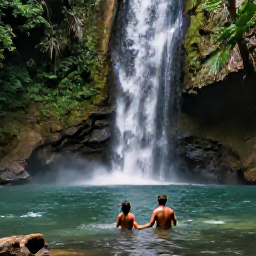 Caribbean Holidays, Dominica Luxury July, Couple swimming in a clear natural pool beneath a waterfall in Dominica's rainforest during July