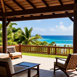 Caribbean Holidays, Dominica Luxury July, Elegant luxury eco-resort surrounded by tropical gardens on Dominica, with a comfortable terrace and views towards the sea