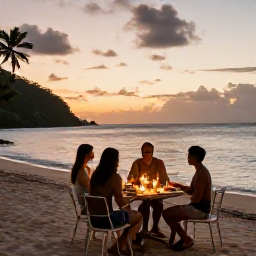 Caribbean Holidays, Dominica Luxury July, Peaceful Dominica coastline at sunset, with luxury holiday guests enjoying a quiet dinner beside the Caribbean Sea