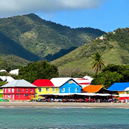 Caribbean Holidays, Dominica Luxury July, Traditional Dominican village near the coast, with colourful houses, local market stalls and green mountains in the background