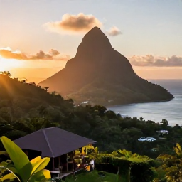 Caribbean Holidays, Dominica March Holidays, Eco-friendly hillside guesthouse in Dominica overlooking rainforest and the Caribbean Sea at sunset in March