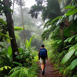 Caribbean Holidays, Dominica March Holidays, Misty rainforest trail in Dominica with lush green foliage, tropical trees and a friendly hiker exploring in March