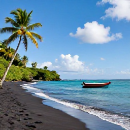 Caribbean Holidays, Dominica March Holidays, Quiet black sand beach on Dominica with turquoise water, palm trees and a small snorkelling boat in gentle March weather