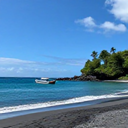 Caribbean Holidays, Dominica March Tours, Calm turquoise Caribbean sea beside a black volcanic sand beach in Dominica, with a small boat offshore
