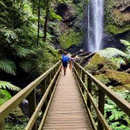 Caribbean Holidays, Dominica March Tours, Guided hikers crossing a wooden footbridge beside a waterfall in Dominica's lush rainforest