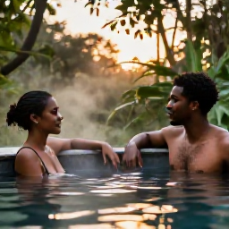 Caribbean Holidays, Dominica March Tours, Relaxed travellers enjoying a warm natural hot spring in Dominica's rainforest at sunset