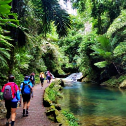 Caribbean Holidays, Dominica March Tours, Tropical Dominica rainforest trail in March, with lush green vegetation, a clear river and hikers exploring the scenery