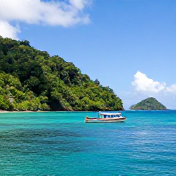 Caribbean Holidays, Dominica Multi-Country, A small boat approaching Dominica's rugged coastline with turquoise water, rainforest-covered hills and a second Caribbean island suggested in the distance