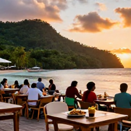 Caribbean Holidays, Dominica Multi-Country, A welcoming Dominica seaside restaurant at sunset with local food, relaxed visitors and rainforest-covered hills beyond