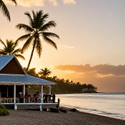Caribbean Holidays, Dominica Multi Country, Caribbean beach at sunset with soft golden light, palm trees, a small local restaurant and visitors enjoying the shoreline