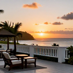 Caribbean Holidays, Dominica Multi-Country, Comfortable Caribbean hotel terrace overlooking the sea at sunset, representing a relaxed multi-country holiday in July