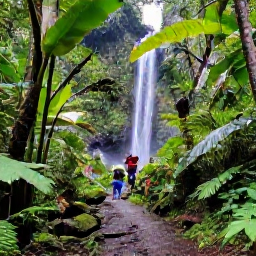 Caribbean Holidays, Dominica Multi Country, Emerald rainforest in Dominica with a clear waterfall, hiking path and travellers exploring beneath tropical trees