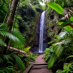 Caribbean Holidays, Dominica Multi-Country, Emerald rainforest in Dominica with a clear waterfall, lush vegetation and a narrow walking trail