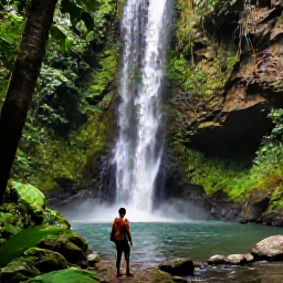 Caribbean Holidays, Dominica Multi-Country Holidays, Traveller walking through Dominica rainforest beside a cascading waterfall and tropical river