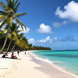 Caribbean Holidays, Dominica Multi-Country, Quiet Caribbean beach with clear turquoise water, palm trees and travellers enjoying a relaxed March afternoon