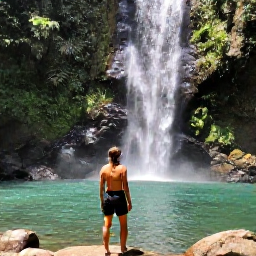 Caribbean Holidays, Dominica Multi-Country, Traveller hiking through Dominica rainforest towards a clear waterfall during a bright July day