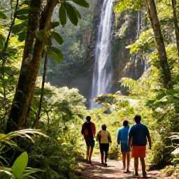 Caribbean Holidays, Dominica Multi-Country, Travellers exploring a green rainforest trail beside a waterfall in Dominica under warm February sunshine