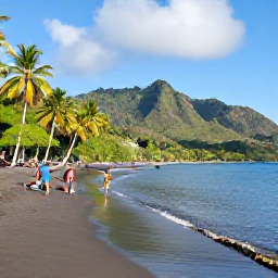 Caribbean Holidays, Dominica Multi-Country, Visitors enjoying a quiet black-sand beach in Dominica with palm trees, clear water and green hills behind them