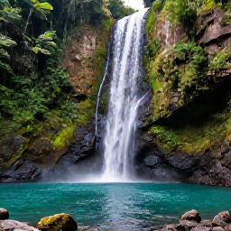 Caribbean Holidays, Dominica Nature Holidays, A clear turquoise waterfall and natural pool in Dominica surrounded by dense green rainforest and dark volcanic rocks