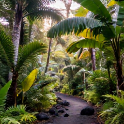 Caribbean Holidays, Dominica Nature Holidays, A lush rainforest trail in Dominica with tall palms, ferns, volcanic rocks and soft sunlight filtering through the canopy