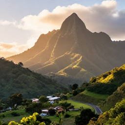 Caribbean Holidays, Dominica Nature Holidays, A peaceful view across Dominica's green volcanic mountains at sunrise, with a small village and winding road in the valley