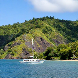 Caribbean Holidays, Dominica Nature Holidays, A traditional boat on calm Caribbean water near Dominica's rugged green coastline, with forested hills and clear blue sea