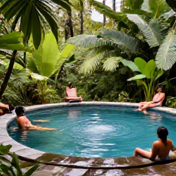 Caribbean Holidays, Dominica Nature Holidays, A warm outdoor mineral pool in Dominica surrounded by rainforest, with visitors relaxing in a peaceful natural setting