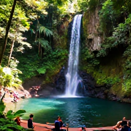 Caribbean Holidays, Dominica Nature Holidays, Emerald Pool waterfall in Dominica surrounded by lush rainforest, with a peaceful swimming pool and visitors on a forest path