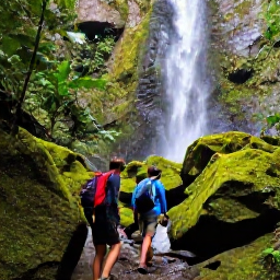 Caribbean Holidays, Dominica Nature Holidays, Hikers crossing a rainforest path beside a waterfall in Dominica, with mossy rocks and tropical plants