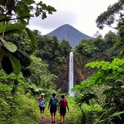Caribbean Holidays, Dominica Nature Holidays, Hikers walking through Dominica's tropical rainforest towards a waterfall, with vivid green leaves and volcanic mountain scenery