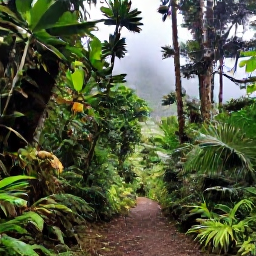 Caribbean Holidays, Dominica Nature Holidays, Lush Dominica rainforest in December with misty mountains, tropical foliage and a narrow trail leading into the forest