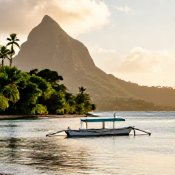 Caribbean Holidays, Dominica Nature Holidays, Small traditional fishing boat on a calm bay in Dominica, with a green shoreline, distant mountains and warm afternoon light