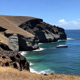 Caribbean Holidays, Dominica Nature Holidays, View of Dominica's rugged coastline with blue Caribbean water, volcanic cliffs and a small boat near shore