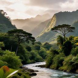 Caribbean Holidays, Dominica November, A lush Dominica rainforest valley with misty mountains, tropical greenery and a clear river beneath soft November sunshine