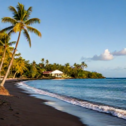 Caribbean Holidays, Dominica November, A peaceful black-sand beach in Dominica with palm trees, calm turquoise water and a small all-inclusive resort in the background