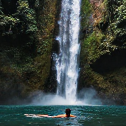 Caribbean Holidays, Dominica November, Dramatic Dominica waterfall surrounded by dense rainforest, with a traveller swimming in a clear pool