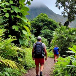 Caribbean Holidays, Dominica November, Hikers crossing a lush rainforest trail in Dominica with misty mountains and tropical greenery