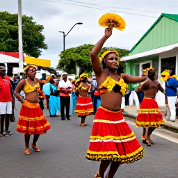 Caribbean Holidays, Dominica November Holidays, Colourful Dominica cultural festival with traditional dancers, local musicians and visitors in a lively Caribbean street setting