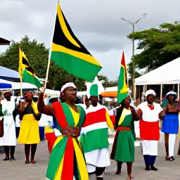 Caribbean Holidays, Dominica November Holidays, Dominica Independence celebrations with flags, performers, traditional costumes and a cheerful crowd in Roseau