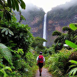 Caribbean Holidays, Dominica November Holidays, Hiker walking through Dominica rainforest near a waterfall after light November rain, with vivid green vegetation and misty mountains