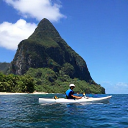 Caribbean Holidays, Dominica November, Kayaker paddling along Dominica&rsquo;s calm Caribbean coastline beneath green cliffs and bright blue sky