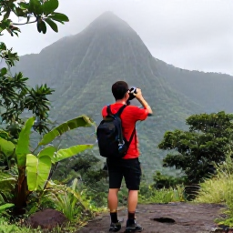 Caribbean Holidays, Dominica November, Traveller photographing a misty Dominica mountain landscape from a rainforest trail in November