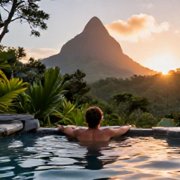 Caribbean Holidays, Dominica November, Traveller relaxing in a natural hot pool at sunset in Dominica, surrounded by tropical forest and volcanic hills