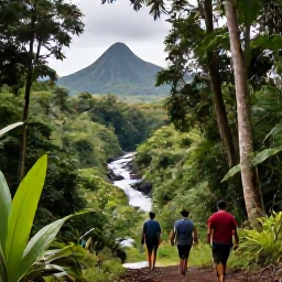 Caribbean Holidays, Dominica November, Travellers walking through Dominica rainforest towards a waterfall, with tropical plants, a river and volcanic mountains in the distance